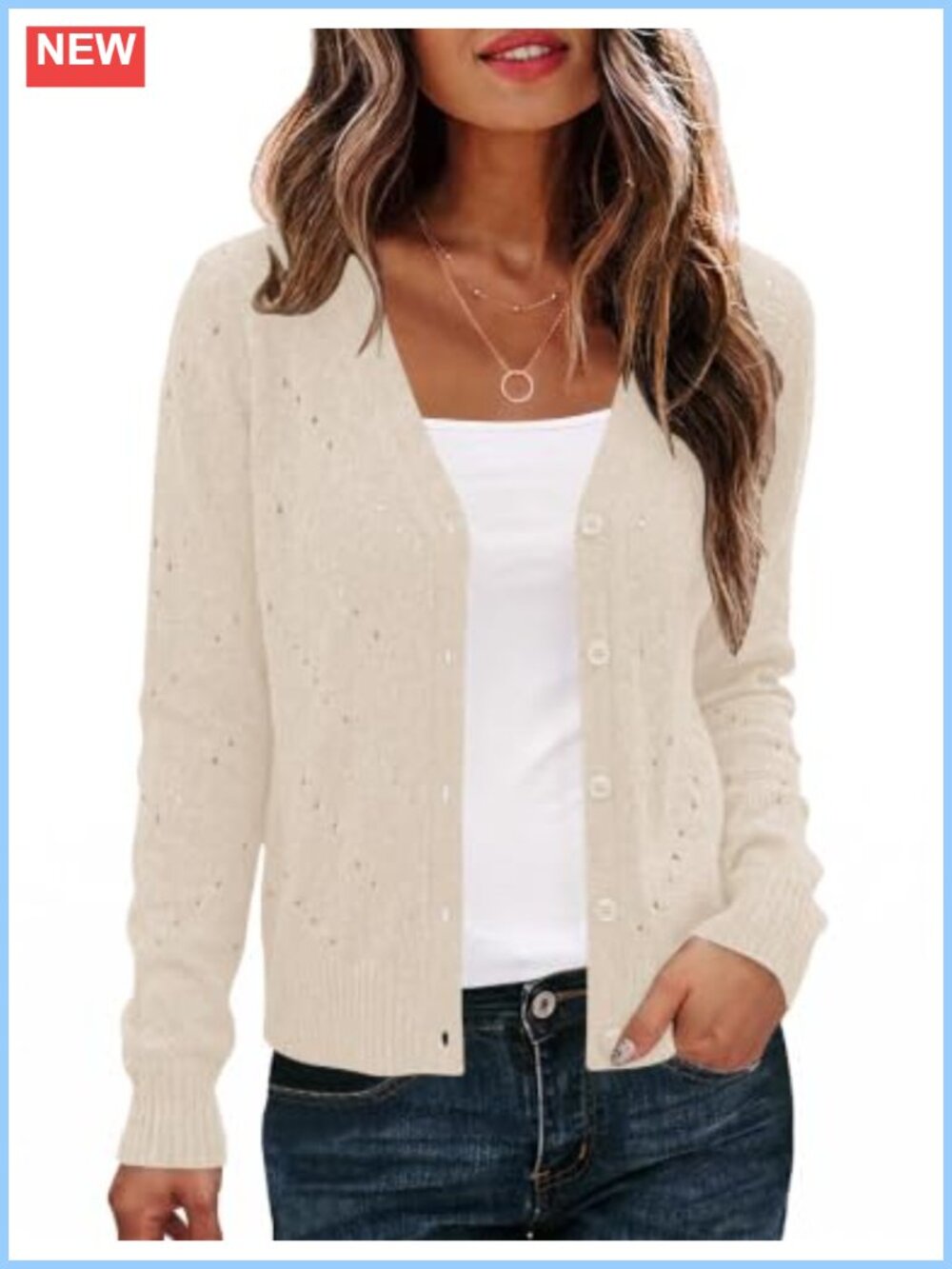 Womens Crochet Cardigan Open Front V-Neck Button Sweater